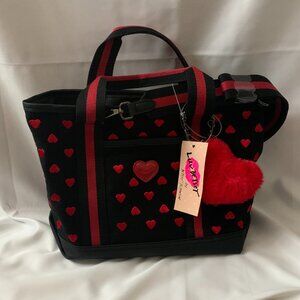 BETSEY JOHNSON LUV Betsey Hearts Embroidered Tote Crossbody Bag in Black/Red
